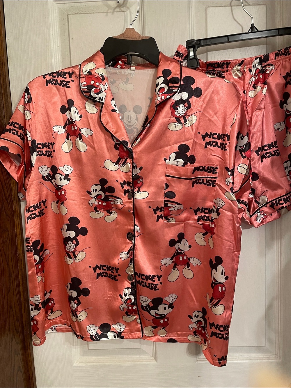 Source Unknown coral colored Mickey Mouse Satin Pajama Set